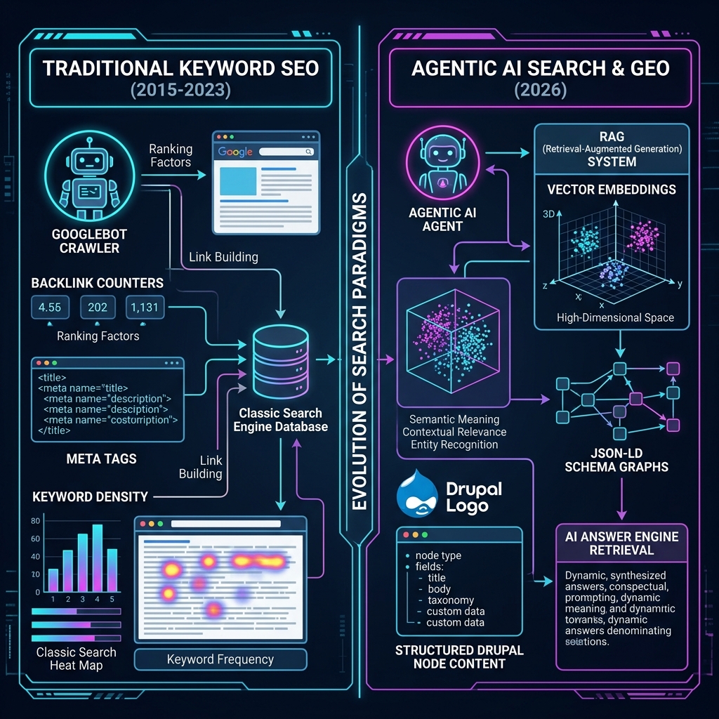 Traditional SEO vs Agentic AI Search Diagram