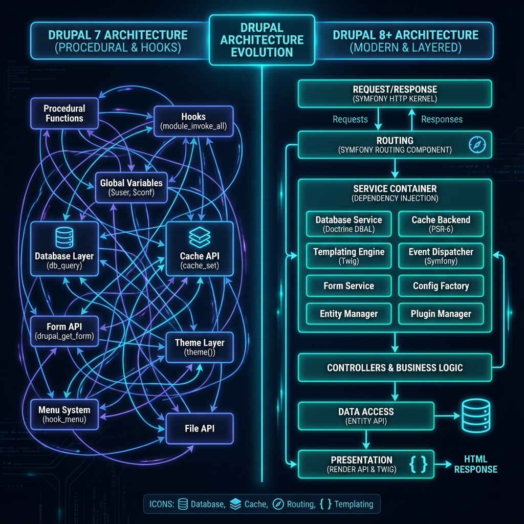 Architecture comparison between Drupal 7 and Drupal 8+