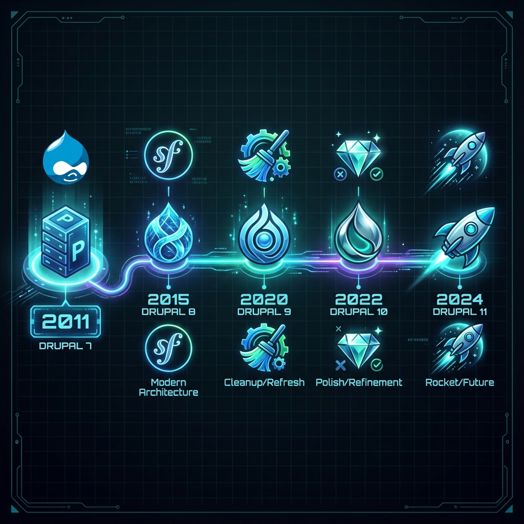 Drupal's evolution timeline from version 7 to 11