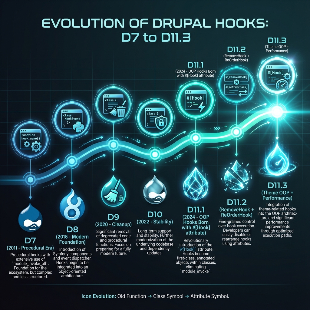 Timeline of Drupal hook evolution from D7 to D11.3