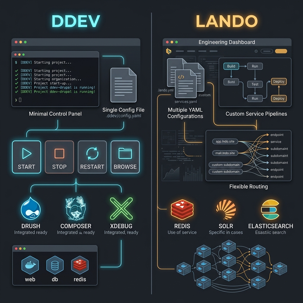 DDEV vs Lando architectural comparison